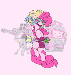 Size: 712x758 | Tagged: safe, artist:metal-kitty, character:gummy, character:pinkie pie, species:pony, bipedal, clothing, crossover, engie pie, engineer, female, mouth hold, solo, team fortress 2, video game, weapon, wrench