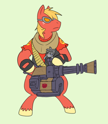 Size: 656x753 | Tagged: safe, artist:metal-kitty, character:big mcintosh, character:smarty pants, species:earth pony, species:pony, bipedal, crossover, goggles, green background, heavy, heavy mac, hoof hold, male, simple background, solo, stallion, team fortress 2