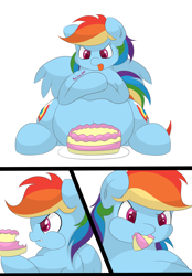 Size: 2800x4020 | Tagged: safe, artist:graphenescloset, character:rainbow dash, belly, cake, chubby, fat, female, solo