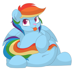 Size: 2800x2656 | Tagged: safe, artist:graphenescloset, character:rainbow dash, adorafatty, belly, belly button, blep, chubby, cute, dashabetes, fat, female, frosting, looking at you, rainblob dash, simple background, sitting, smiling, solo, tongue out, white background