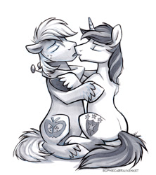 Size: 621x700 | Tagged: safe, artist:kenket, artist:spainfischer, character:big mcintosh, character:shining armor, species:earth pony, species:pony, adultery, gay, imminent kissing, infidelity, kissing, male, monochrome, shiningmac, shipping, sketch, stallion