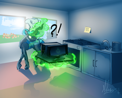 Size: 3904x3144 | Tagged: safe, artist:alumx, character:queen chrysalis, species:changeling, changeling queen, chef's hat, clothing, computer, cooking, female, flower, hat, indoors, kitchen, magic, monitor, plates, sink, sky, solo, stove, wat, window