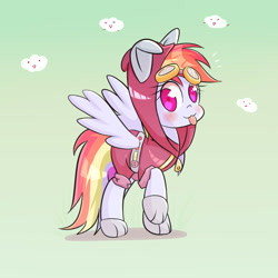 Size: 1800x1800 | Tagged: safe, artist:joycall6, character:rainbow dash, species:pegasus, species:pony, accessory swap, blushing, bunny ears, clothing, cute, dangerous mission outfit, dashabetes, female, goggles, hoodie, looking at you, mare, solo, tongue out