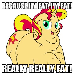 Size: 585x600 | Tagged: safe, artist:calorie, character:sunset shimmer, species:pony, species:unicorn, fat, fat (song), female, image macro, meme, obese, slobset shimmer, solo, song reference, weird al thread, weird al yankovic