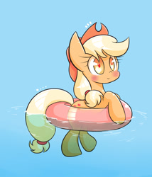 Size: 1200x1400 | Tagged: safe, artist:joycall6, character:applejack, blushing, clothing, cowboy hat, cute, female, floaty, hat, inner tube, smiling, solo, stetson, swimming, water
