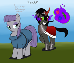 Size: 2033x1739 | Tagged: safe, artist:calorie, character:king sombra, character:maud pie, species:earth pony, species:pony, species:umbrum, species:unicorn, boulder buns, butt, chubby, clothing, crown, crystal, cute, dialogue, dress, duo, duo male and female, fat, female, flirt, flirting, grin, jewelry, magic, male, mare, maud pudge, plot, pun, raised hoof, regalia, rock joke, smiling, sombradorable, squee, stallion, standing, telekinesis, the ass was fat