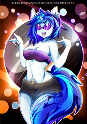 Size: 1407x2000 | Tagged: safe, artist:koveliana, character:dj pon-3, character:vinyl scratch, species:anthro, belly button, chromatic aberration, color porn, female, solo