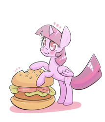 Size: 1200x1400 | Tagged: safe, artist:joycall6, character:twilight sparkle, character:twilight sparkle (alicorn), species:alicorn, species:pony, :3, burger, female, food, mare, micro, omnivore twilight, ponies eating meat, solo, that pony sure does love burgers, this will end in weight gain, twilight burgkle