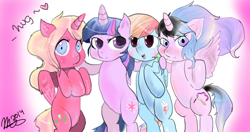 Size: 1280x678 | Tagged: safe, artist:mrscurlystyles, character:rainbow dash, character:twilight sparkle, character:twilight sparkle (alicorn), oc, oc:art shine, oc:strawberry pie, species:alicorn, species:pegasus, species:pony, ship:twidash, alicorn oc, female, hug, lesbian, mare, pink background, shipping, simple background, strawshine