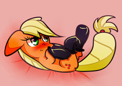 Size: 1024x725 | Tagged: safe, artist:joycall6, character:applejack, :o, blushing, cute, dressing, female, fireproof boots, floppy ears, hoof hold, legs in air, lidded eyes, on back, solo