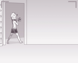 Size: 1110x905 | Tagged: safe, artist:scorpdk, edit, character:spike, species:human, exploitable, hallway, humanized, male, monochrome, open mouth, solo, surprised, template, wide eyes