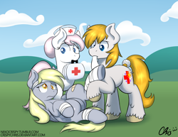 Size: 3960x3060 | Tagged: safe, artist:nekocrispy, character:derpy hooves, character:nurse redheart, oc, species:earth pony, species:pegasus, species:pony, bandage, bandaid, colored pupils, first aid, first aid kit, injured, nurse, on back, trio