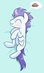 Size: 780x1300 | Tagged: safe, artist:joycall6, character:soarin', blushing, cute, dream, male, old cutie mark, pie, sleeping, soarinbetes, solo, that pony sure does love pies