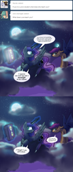 Size: 635x1482 | Tagged: safe, artist:darkflame75, character:princess luna, character:scootaloo, species:alicorn, species:bat pony, species:pegasus, species:pony, bat ponified, cloud, comic, dialogue, duo, duo female, female, magic, pun, scootabat, student of the night, telekinesis, tumblr