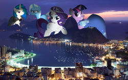 Size: 1247x787 | Tagged: safe, artist:boomersimon, artist:namelesshero2222, artist:somerandomminion, artist:thehellbean, artist:up1ter, character:dj pon-3, character:rarity, character:trixie, character:twilight sparkle, character:vinyl scratch, species:pony, species:unicorn, brazil, carnival, clothing, cutie mark, dress, female, gala dress, giant ponies in real life, giant pony, giant unicorn, giantess, highrise ponies, hooves, horn, irl, macro, mare, night, photo, photoshop, ponies in real life, rio de janeiro, smiling, teeth, vector