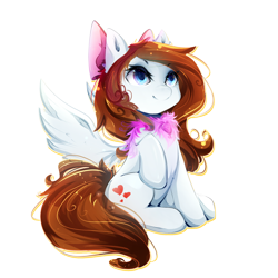 Size: 2000x2000 | Tagged: safe, artist:koveliana, oc, oc only, oc:akira, species:pegasus, species:pony, bow, chromatic aberration, color porn, cute, hair bow, jewelry, lidded eyes, looking up, necklace, raised hoof, simple background, sitting, smiling, solo, spread wings, transparent background, wings