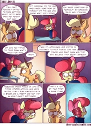 Size: 944x1294 | Tagged: safe, artist:capnpea, artist:kefkafloyd, character:apple bloom, character:applejack, species:earth pony, species:pony, comic:three apples, argument, comic, duo, duo female, eye contact, female, filly, looking at each other, mare, no pupils