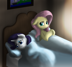 Size: 3750x3515 | Tagged: safe, artist:kurausuki, artist:mrs1989, character:fluttershy, character:rarity, species:pony, species:unicorn, ship:rarishy, aftersex, bed, bedroom, blanket, female, floppy ears, lesbian, lip bite, mare, morning after, on back, on side, pillow, shipping, smiling