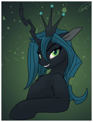Size: 1911x2500 | Tagged: safe, artist:skipsy, character:queen chrysalis, species:changeling, abstract background, bust, changeling queen, chest fluff, crown, cute, cute little fangs, cutealis, fangs, female, jewelry, looking at you, regalia, smiling, solo