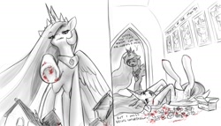 Size: 1523x870 | Tagged: safe, artist:alloyrabbit, character:princess cadance, character:princess celestia, character:princess luna, character:twilight sparkle, character:twilight sparkle (alicorn), species:alicorn, species:pony, alicorn tetrarchy, bait and switch, bedroom eyes, destruction, fake blood, fantasy, female, floppy ears, giantess, giantlestia, hair over one eye, ketchup, licking lips, macro, mare, on back, open mouth, playing, roleplay, sillestia, smiling, stomping, tongue out, unamused, underhoof, whining
