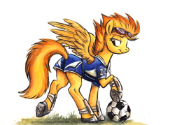 Size: 686x490 | Tagged: safe, artist:kenket, artist:spainfischer, character:spitfire, species:pegasus, species:pony, canterlot high, clothing, cute, cutefire, female, football, jersey, mare, plot, smiling, solo, underhoof