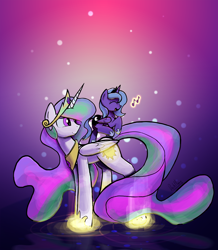 Size: 3000x3433 | Tagged: safe, artist:darkflame75, character:princess celestia, character:princess luna, lunadoodle, cute, dancing, filly, glow, happy, kallisti, looking back, magic, singing, smiling, walking on sunshine, woona
