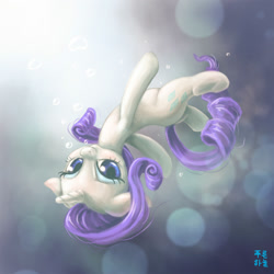 Size: 2000x2000 | Tagged: safe, artist:mrs1989, character:rarity, species:pony, species:unicorn, bubble, female, looking at you, mare, smiling, solo, swimming, underwater, upside down