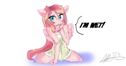 Size: 1280x678 | Tagged: safe, artist:mrscurlystyles, oc, oc only, oc:cherry, species:anthro, anthro oc, blushing, captain obvious, covering, cute, floppy ears, frown, kneeling, looking at you, ponified, present, solo, spread legs, towel, wet