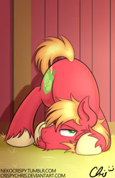 Size: 600x927 | Tagged: safe, artist:nekocrispy, character:big mcintosh, species:earth pony, species:pony, barn, cute, face down ass up, fluffy, frown, looking at you, macabetes, male, sleepy, solo, stallion, unshorn fetlocks, waking up