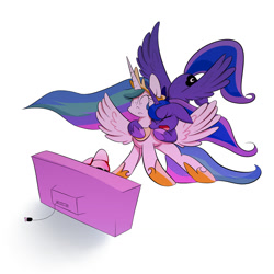 Size: 1280x1280 | Tagged: safe, artist:joycall6, character:princess celestia, character:princess luna, glomp, horror, parody, television, the ring