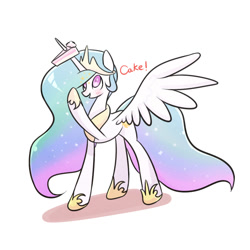 Size: 1200x1200 | Tagged: safe, artist:joycall6, character:princess celestia, blushing, cake, cakelestia, captain obvious, cute, cutelestia, eyes on the prize, female, looking up, one word, open mouth, pointing, sillestia, smiling, solo, spread wings, truth, wings