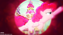 Size: 1920x1080 | Tagged: safe, artist:illumnious, artist:lcpsycho, edit, character:pinkie pie, species:earth pony, species:pony, blurry, female, mare, solo, sugarcube corner, vector, wallpaper, wallpaper edit