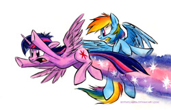 Size: 841x540 | Tagged: safe, artist:kenket, artist:spainfischer, character:rainbow dash, character:twilight sparkle, character:twilight sparkle (alicorn), species:alicorn, species:pony, episode:twilight's kingdom, g4, my little pony: friendship is magic, duo, female, flying, mare, open mouth, scene interpretation, simple background, speed trail, spread wings, super saiyan princess, that was fast, traditional art, trail, white background, wings
