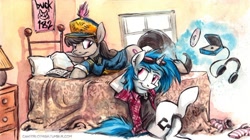 Size: 800x449 | Tagged: safe, artist:kenket, artist:spainfischer, character:dj pon-3, character:octavia melody, character:vinyl scratch, species:earth pony, species:pony, species:unicorn, bed, blink 182, canterlot high, clothing, female, lamp, looking at each other, magic, mare, smiling, window
