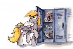 Size: 785x530 | Tagged: safe, artist:kenket, artist:spainfischer, character:derpy hooves, species:pegasus, species:pony, ask, canterlot high, canterlot high blog, female, freckles, glasses, locker, mare, mouth hold, smiling, solo, test, tumblr
