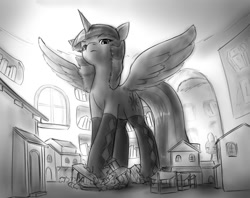 Size: 1144x907 | Tagged: source needed, safe, artist:alloyrabbit, character:spike, character:twilight sparkle, character:twilight sparkle (alicorn), species:alicorn, species:pony, clothing, crushing, evil, female, giant pony, grayscale, hooves, library, macro, mare, mega twilight sparkle, model, monochrome, socks, spread wings, wings