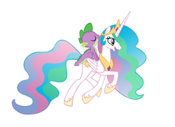 Size: 1024x745 | Tagged: safe, artist:queencold, character:princess celestia, character:spike, species:alicorn, species:dragon, species:pony, dragons riding ponies, duo, ethereal mane, eyes closed, female, happy, male, mare, open mouth, riding, simple background, smiling, spikelove, transparent background, trotting