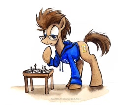 Size: 500x426 | Tagged: safe, artist:kenket, artist:spainfischer, character:doctor whooves, character:time turner, canterlot high, canterlot high blog, chess, clothing, male, solo