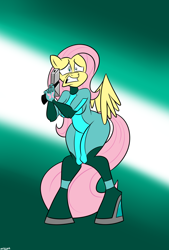 Size: 1270x1876 | Tagged: safe, artist:mofetafrombrooklyn, character:fluttershy, species:anthro, female, gun, metroid, solo, weapon, zero suit