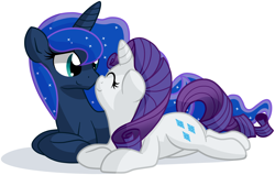 Size: 2762x1759 | Tagged: safe, artist:furrgroup, character:princess luna, character:rarity, ship:rariluna, boop, cute, female, lesbian, noseboop, nuzzling, prone, shipping, smiling