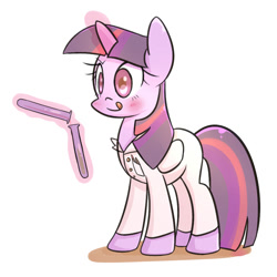 Size: 1000x1000 | Tagged: safe, artist:joycall6, character:twilight sparkle, character:twilight sparkle (alicorn), species:alicorn, species:pony, :q, blushing, bodysuit, clothing, female, lab coat, magic, mare, pouring, science, smiling, solo, telekinesis, test tube, tongue out, vial