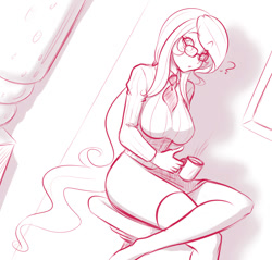 Size: 1006x960 | Tagged: safe, artist:scorpdk, character:princess celestia, species:human, :o, breasts, busty princess celestia, chair, cup, female, glasses, humanized, looking at you, monochrome, mug, office chair, question mark, sitting, solo