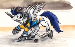 Size: 755x475 | Tagged: safe, artist:kenket, artist:spainfischer, character:soarin', alternate universe, canterlot high, canterlot high blog, clothing, helmet, hockey, jersey, male, mouth hold, solo, sports