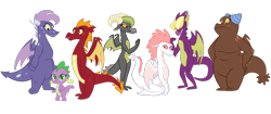 Size: 1600x669 | Tagged: safe, artist:queencold, character:baff, character:barb, character:fizzle, character:garble, character:spike, species:dragon, baby dragon, beff, clump, dart (rule 63), dragoness, fizzelle, fume, garbledina, implied transformation, pat (rule 63), rule 63, simple background, spear (dragon), teenaged dragon, transparent background, vex, vixen (rule 63)
