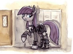 Size: 616x458 | Tagged: safe, artist:kenket, artist:spainfischer, character:maud pie, species:earth pony, species:pony, g4, boots, canterlot high, canterlot high blog, choker, door, ear piercing, earring, female, fishnets, goth, lidded eyes, looking at you, looking back, mare, necklace, nose piercing, piercing, raised hoof, signature, solo, spiked choker, three quarter view