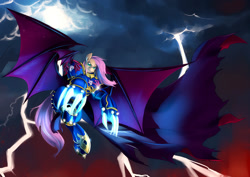 Size: 1400x990 | Tagged: safe, artist:bakki, character:flutterbat, character:fluttershy, armor, cape, clothing, crossover, fangs, female, flutterbadass, flying, konrad curze, lightning, lightning claw, mercy and forgiveness, primarch, solo, terminator armor, warhammer (game), warhammer 30k, warhammer 40k