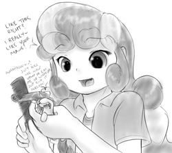 Size: 947x844 | Tagged: safe, artist:alloyrabbit, character:rarity, character:sweetie belle, my little pony:equestria girls, human ponidox, i really like her mane, macro, micro, monochrome, ponidox