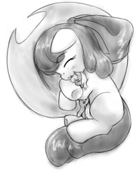 Size: 790x982 | Tagged: safe, artist:alloyrabbit, character:apple bloom, character:applejack, accessory swap, adorabloom, appletini, blushing, clothing, cowboy hat, cuddling, cute, dawwww, eyes closed, grayscale, hat, hug, macro, micro, monochrome, on side, size difference, sleeping, smiling, snuggling, stetson, tiny ponies, underhoof