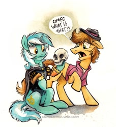 Size: 571x626 | Tagged: safe, artist:kenket, artist:spainfischer, character:braeburn, character:lyra heartstrings, species:earth pony, species:pony, species:unicorn, alas poor yorick, canterlot high, canterlot high blog, clothing, duo, female, hamlet, hat, male, mare, open mouth, shakespeare, skull, stallion