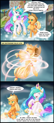 Size: 1220x2754 | Tagged: safe, artist:dstears, edit, character:applejack, character:princess celestia, species:alicorn, species:earth pony, species:pony, g4, afterlife, comic, crown, dark comedy, death, dialogue, female, hoof shoes, jewelry, mare, peytral, princess celestia's special princess making dimension, regalia, speech bubble, trollestia
